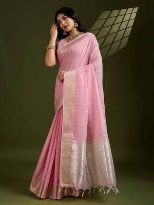 Pink Tissue Linen Silk Zari Woven Designer Saree with Blouse