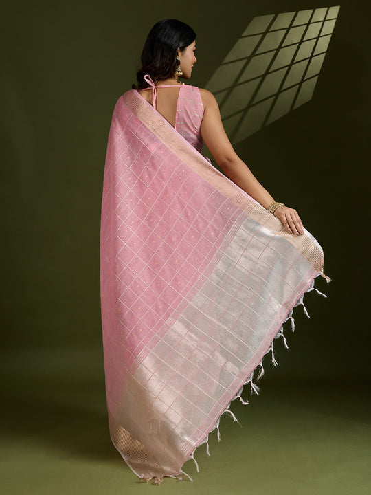 Pink Tissue Linen Silk Zari Woven Designer Saree with Blouse