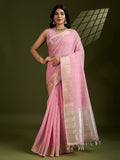Pink Tissue Linen Silk Zari Woven Designer Saree with Blouse