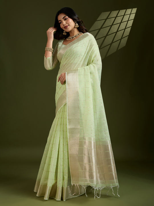Sea Green Tissue Linen Silk Zari Woven Designer Saree with Blouse