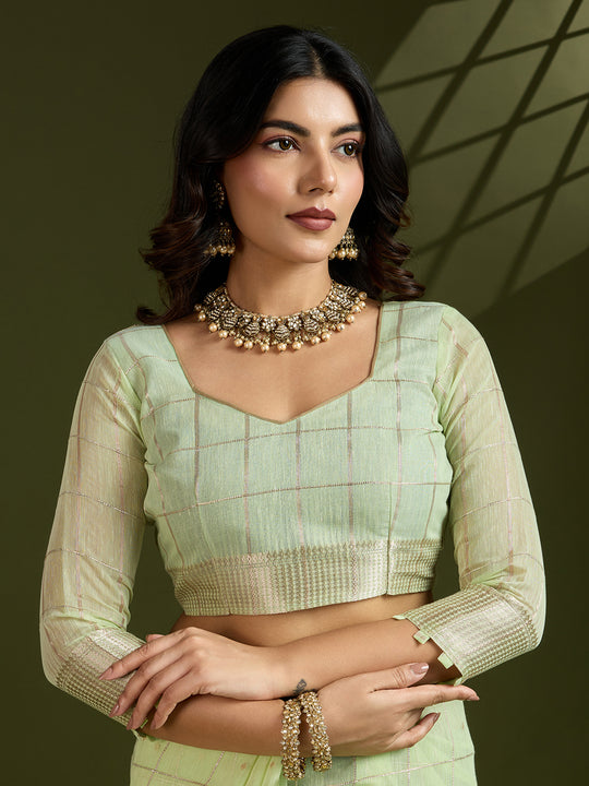 Sea Green Tissue Linen Silk Zari Woven Designer Saree with Blouse