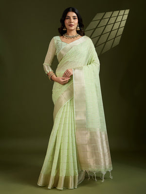 Sea Green Tissue Linen Silk Zari Woven Designer Saree with Blouse