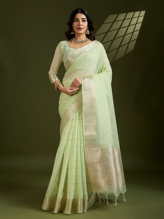 Sea Green Tissue Linen Silk Zari Woven Designer Saree with Blouse