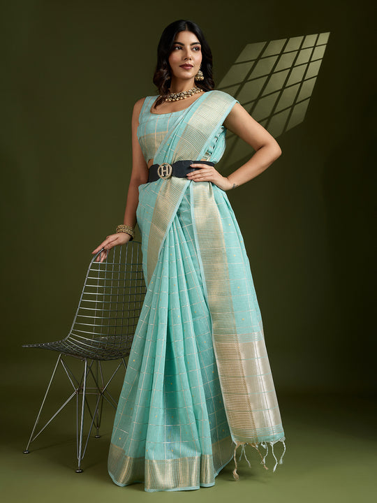 Sky Blue Tissue Linen Silk Zari Woven Designer Saree with Blouse