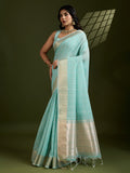 Sky Blue Tissue Linen Silk Zari Woven Designer Saree with Blouse