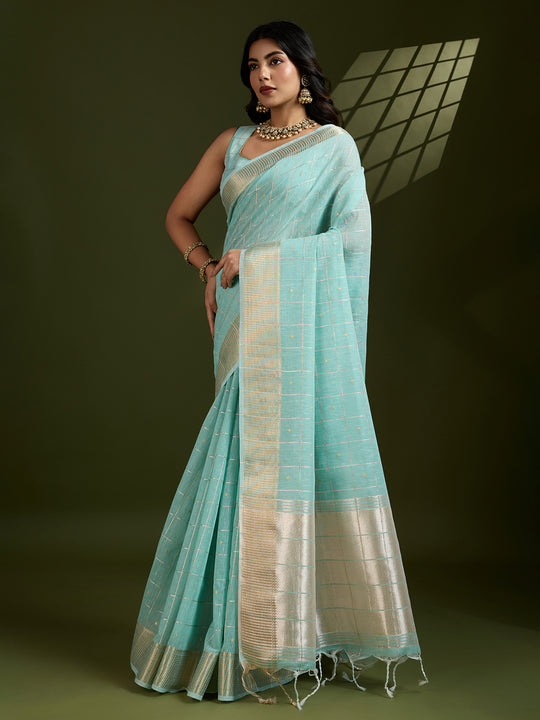 Sky Blue Tissue Linen Silk Zari Woven Designer Saree with Blouse