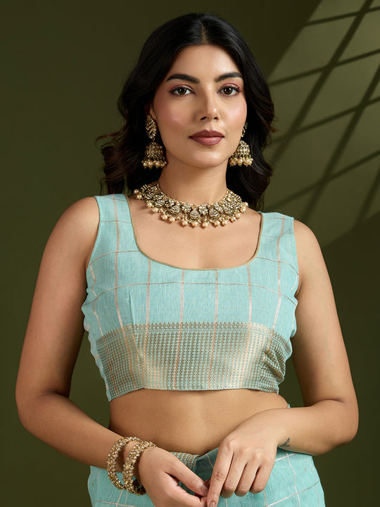 Sky Blue Tissue Linen Silk Zari Woven Designer Saree with Blouse