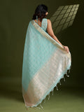 Sky Blue Tissue Linen Silk Zari Woven Designer Saree with Blouse