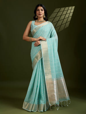 Sky Blue Tissue Linen Silk Zari Woven Designer Saree with Blouse