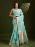 Sky Blue Tissue Linen Silk Zari Woven Designer Saree with Blouse