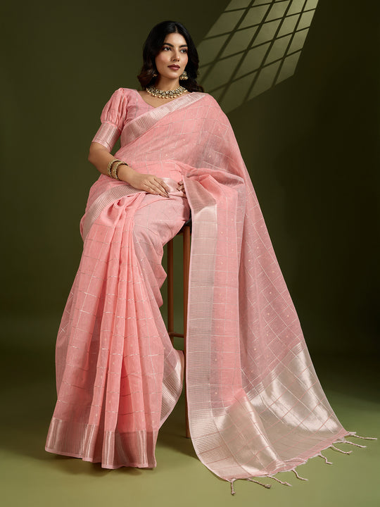 Peach Tissue Linen Silk Zari Woven Designer Saree with Blouse