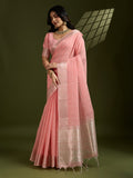 Peach Tissue Linen Silk Zari Woven Designer Saree with Blouse