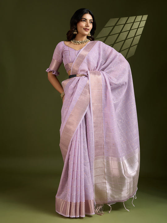 Purple Tissue Linen Silk Zari Woven Designer Saree with Blouse