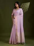 Purple Tissue Linen Silk Zari Woven Designer Saree with Blouse