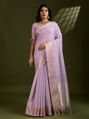 Purple Tissue Linen Silk Zari Woven Designer Saree with Blouse