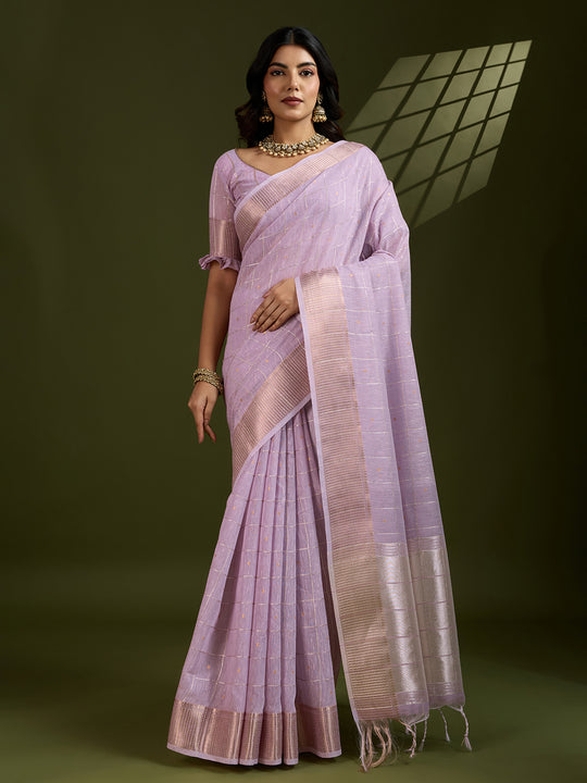 Purple Tissue Linen Silk Zari Woven Designer Saree with Blouse
