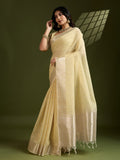Light Yellow Tissue Linen Silk Zari Woven Designer Saree with Blouse