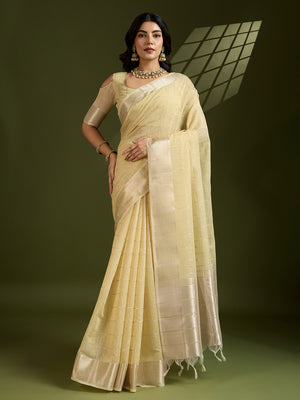 Light Yellow Tissue Linen Silk Zari Woven Designer Saree with Blouse
