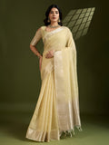 Light Yellow Tissue Linen Silk Zari Woven Designer Saree with Blouse