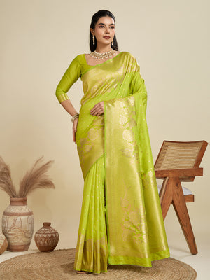 Green Soft Kanjivaram Silk Zari Woven Designer Saree with Blouse