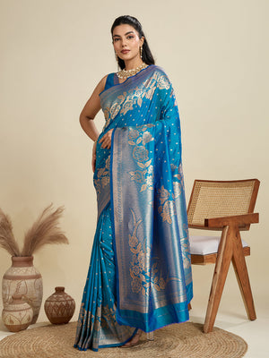 Blue Soft Kanjivaram Silk Zari Woven Designer Saree with Blouse