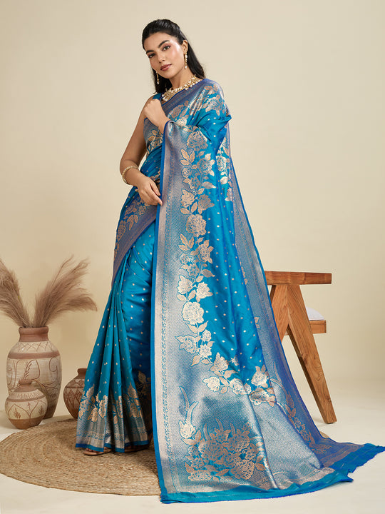 Blue Soft Kanjivaram Silk Zari Woven Designer Saree with Blouse