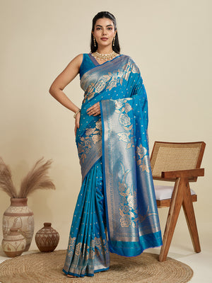 Blue Soft Kanjivaram Silk Zari Woven Designer Saree with Blouse