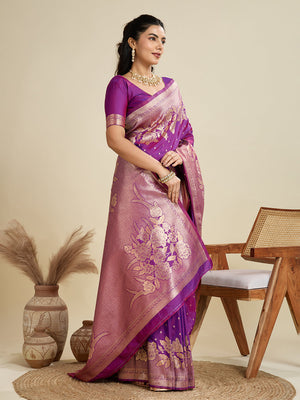 Purple Soft Kanjivaram Silk Zari Woven Designer Saree with Blouse