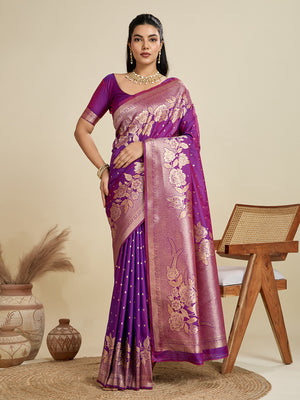 Purple Soft Kanjivaram Silk Zari Woven Designer Saree with Blouse