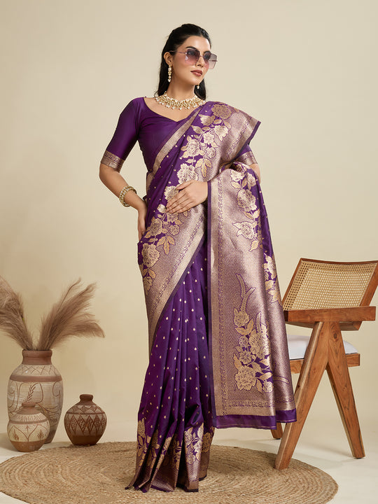 Wine Soft Kanjivaram Silk Zari Woven Designer Saree with Blouse