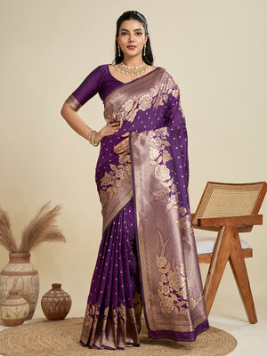 Wine Soft Kanjivaram Silk Zari Woven Designer Saree with Blouse