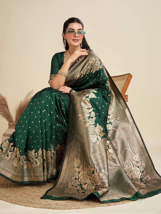 Bottle Green Soft Kanjivaram Silk Zari Woven Designer Saree with Blouse