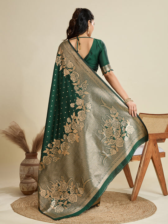 Bottle Green Soft Kanjivaram Silk Zari Woven Designer Saree with Blouse