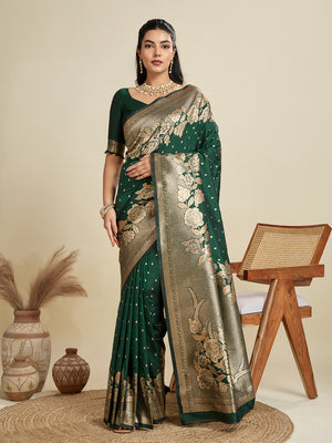 Bottle Green Soft Kanjivaram Silk Zari Woven Designer Saree with Blouse