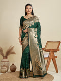 Bottle Green Soft Kanjivaram Silk Zari Woven Designer Saree with Blouse
