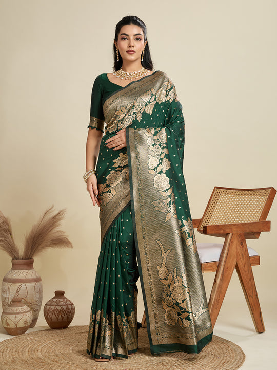Bottle Green Soft Kanjivaram Silk Zari Woven Designer Saree with Blouse