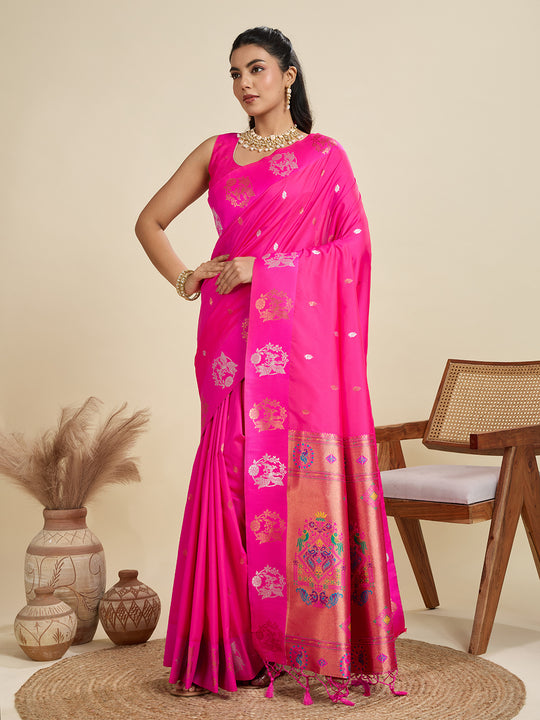 Pink Soft Kanjivaram Paithani Silk Zari Woven Designer Saree with Blouse