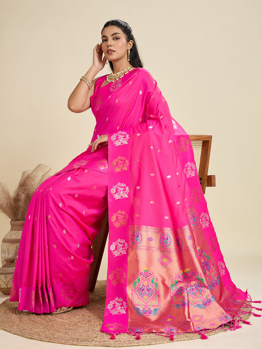 Pink Soft Kanjivaram Paithani Silk Zari Woven Designer Saree with Blouse
