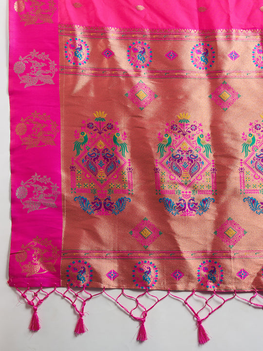 Pink Soft Kanjivaram Paithani Silk Zari Woven Designer Saree with Blouse