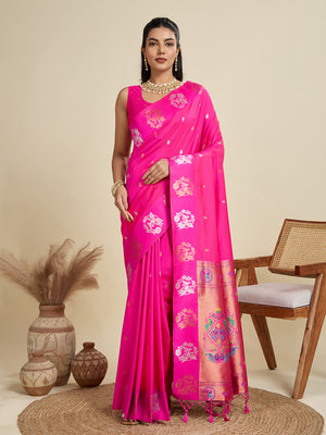 Pink Soft Kanjivaram Paithani Silk Zari Woven Designer Saree with Blouse