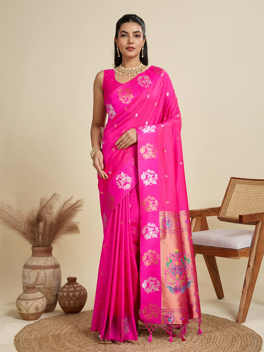 Pink Soft Kanjivaram Paithani Silk Zari Woven Designer Saree with Blouse