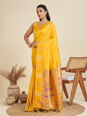 Yellow Soft Kanjivaram Paithani Silk Zari Woven Designer Saree with Blouse
