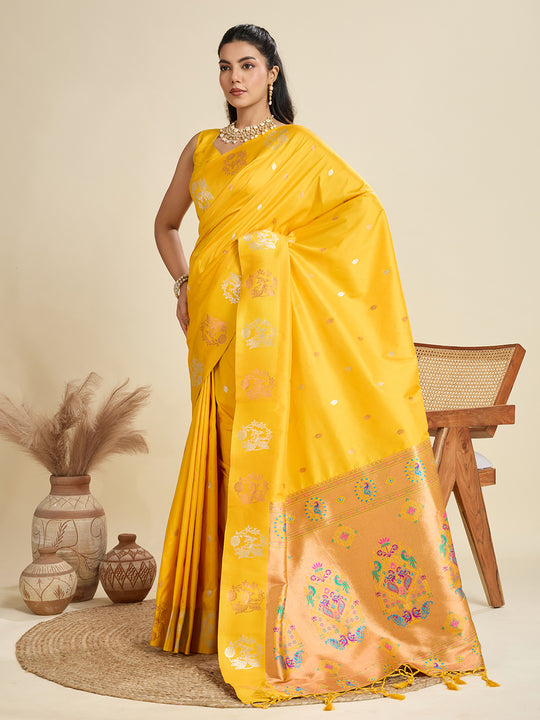 Yellow Soft Kanjivaram Paithani Silk Zari Woven Designer Saree with Blouse