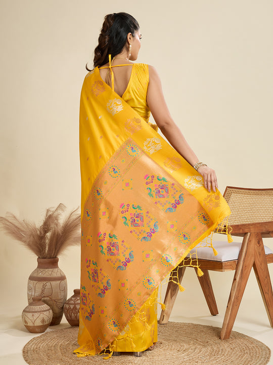 Yellow Soft Kanjivaram Paithani Silk Zari Woven Designer Saree with Blouse