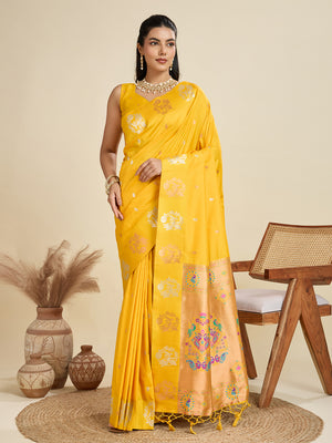 Yellow Soft Kanjivaram Paithani Silk Zari Woven Designer Saree with Blouse