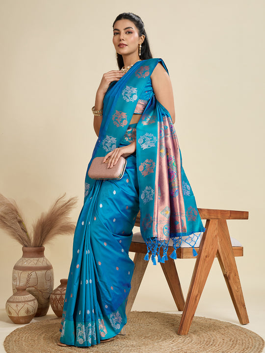 Sky Blue Soft Kanjivaram Paithani Silk Zari Woven Designer Saree with Blouse