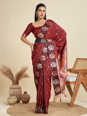 Maroon Soft Kanjivaram Paithani Silk Zari Woven Designer Saree with Blouse