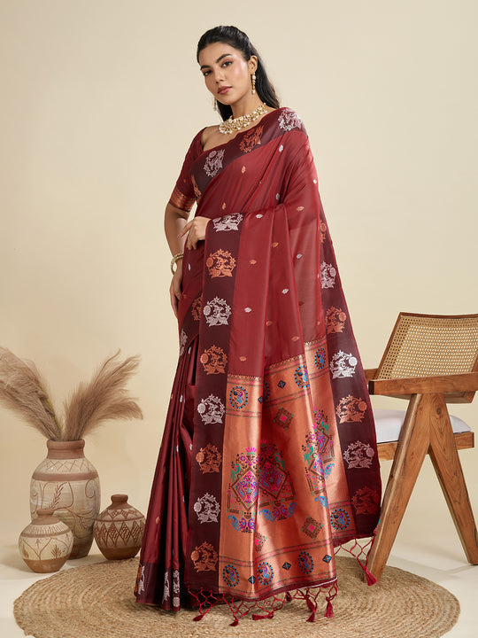 Maroon Soft Kanjivaram Paithani Silk Zari Woven Designer Saree with Blouse