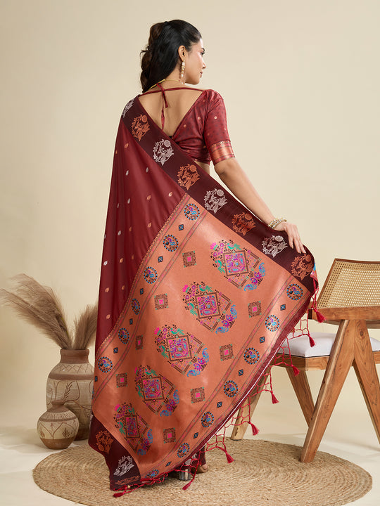Maroon Soft Kanjivaram Paithani Silk Zari Woven Designer Saree with Blouse