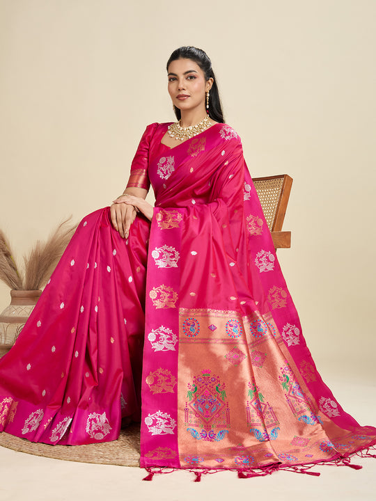 Rani Pink Soft Kanjivaram Paithani Silk Zari Woven Designer Saree with Blouse